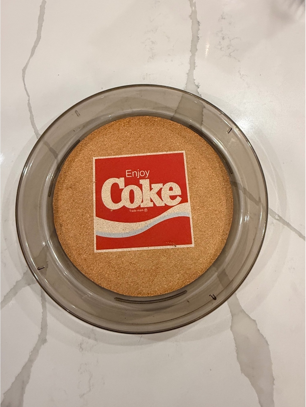 Enjoy Coke round glass and cork serving tray